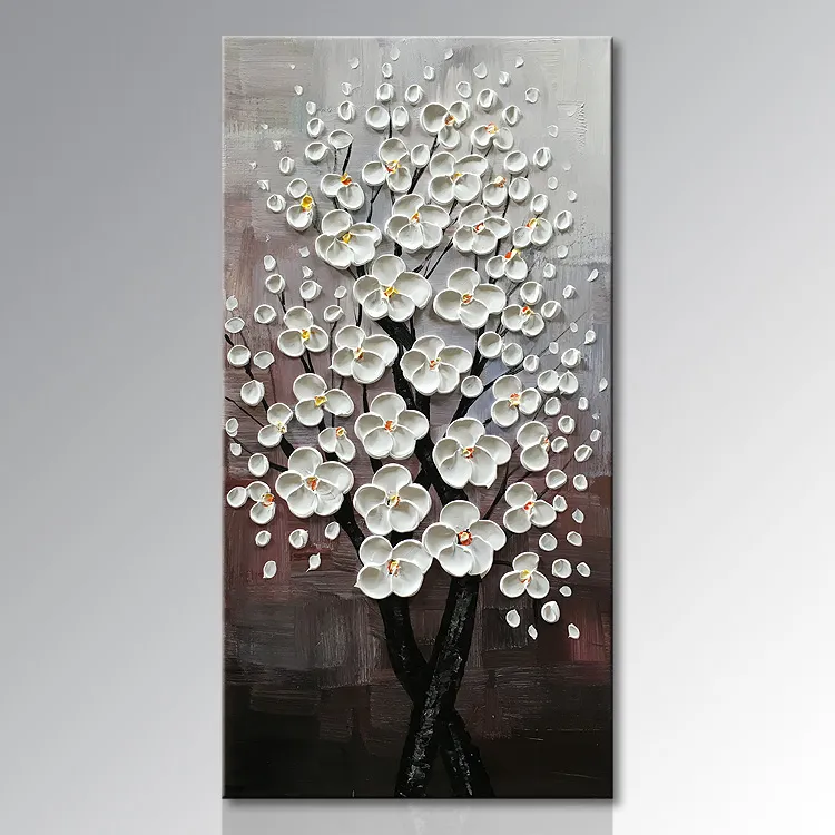 Pittura a olio di fiori con texture 3D fatta a mano su tela, decorazione da parete verticale